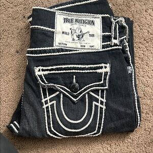True Religion Black Boot Cut Jeans with White Stitching